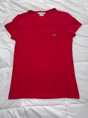 Lacoste v-neck 34 ladies XS tshirt red cotton short sleeves LN